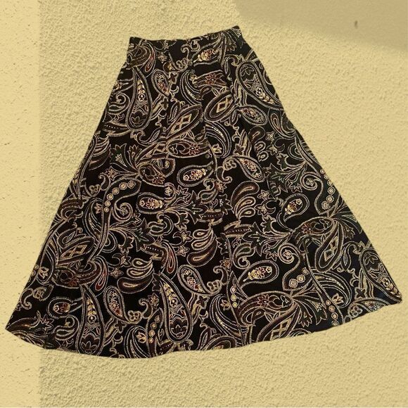 90s vintage black midi slinky skirt faux buttons gold paisley - Picture 5 of 9
